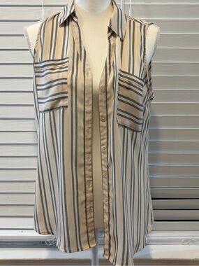 Express Sleeveless Stripe Button-Down Top Cream & Gray - Medium